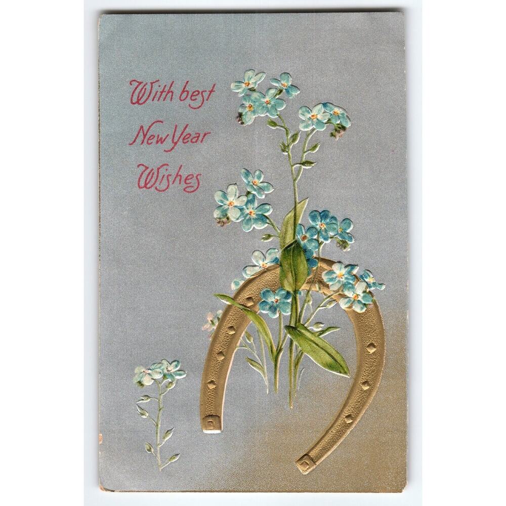 Vintage 1908 Embossed New Year Postcard with Horseshoe & Blue Flowers